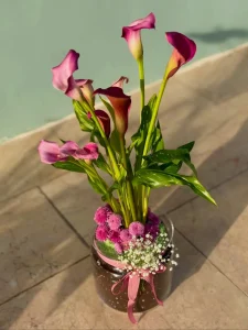 Şeffaf cam saksıda toprak üzerinde pembe kurdeleli pembe krizantemler ve kala zambaklar.