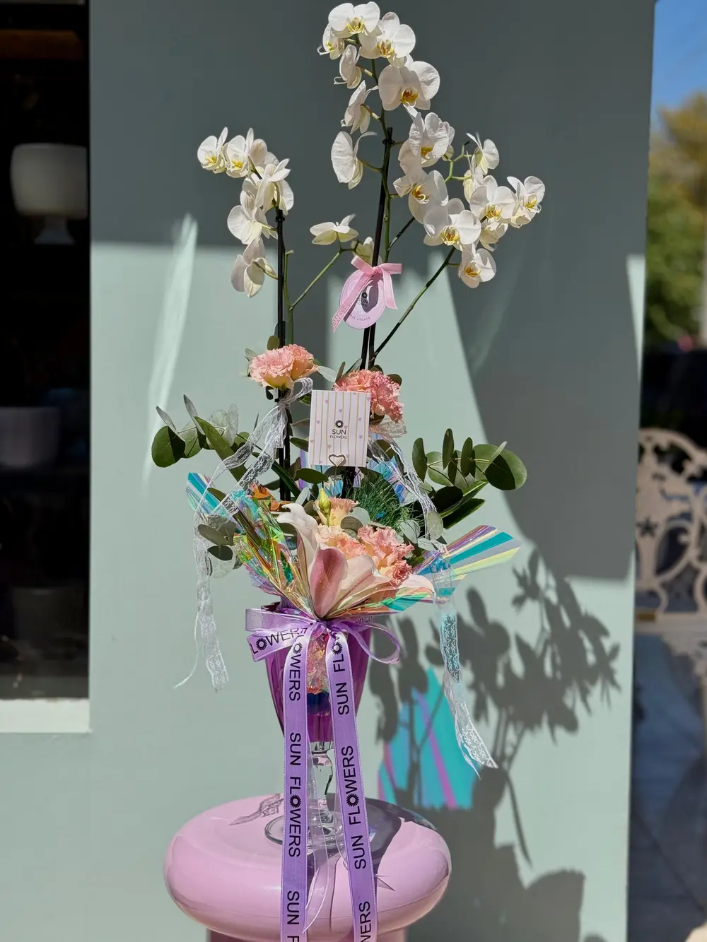 Holografik ambalaj ve somon karanfillerle süslenmiş çift dallı beyaz phalaenopsis saksı orkidesi