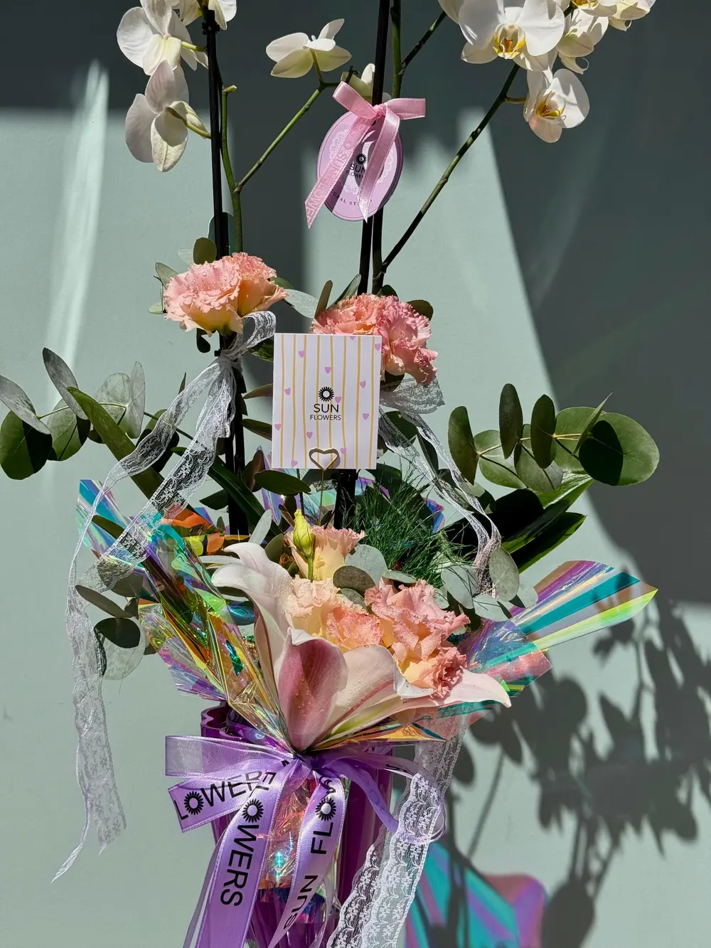 Holografik ambalaj ve somon karanfillerle süslenmiş çift dallı beyaz phalaenopsis saksı orkidesi - Görsel 3