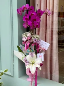 Pembe ayaklı seramik saksıda dip süslemesi lilyum ve cipsofilyalı fuşya çift dallı phalaenopsis orkide