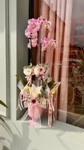 Pembe ayaklı saksıda dantel tül ve taze çiçek dip süslemesiyle pembe benekli çift dallı orkide